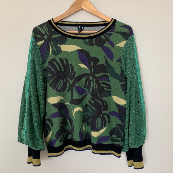 Anthropology Blank London Monstera Knit Sweater Size Medium Green Eyelet Sleeve - Picture 2 of 8